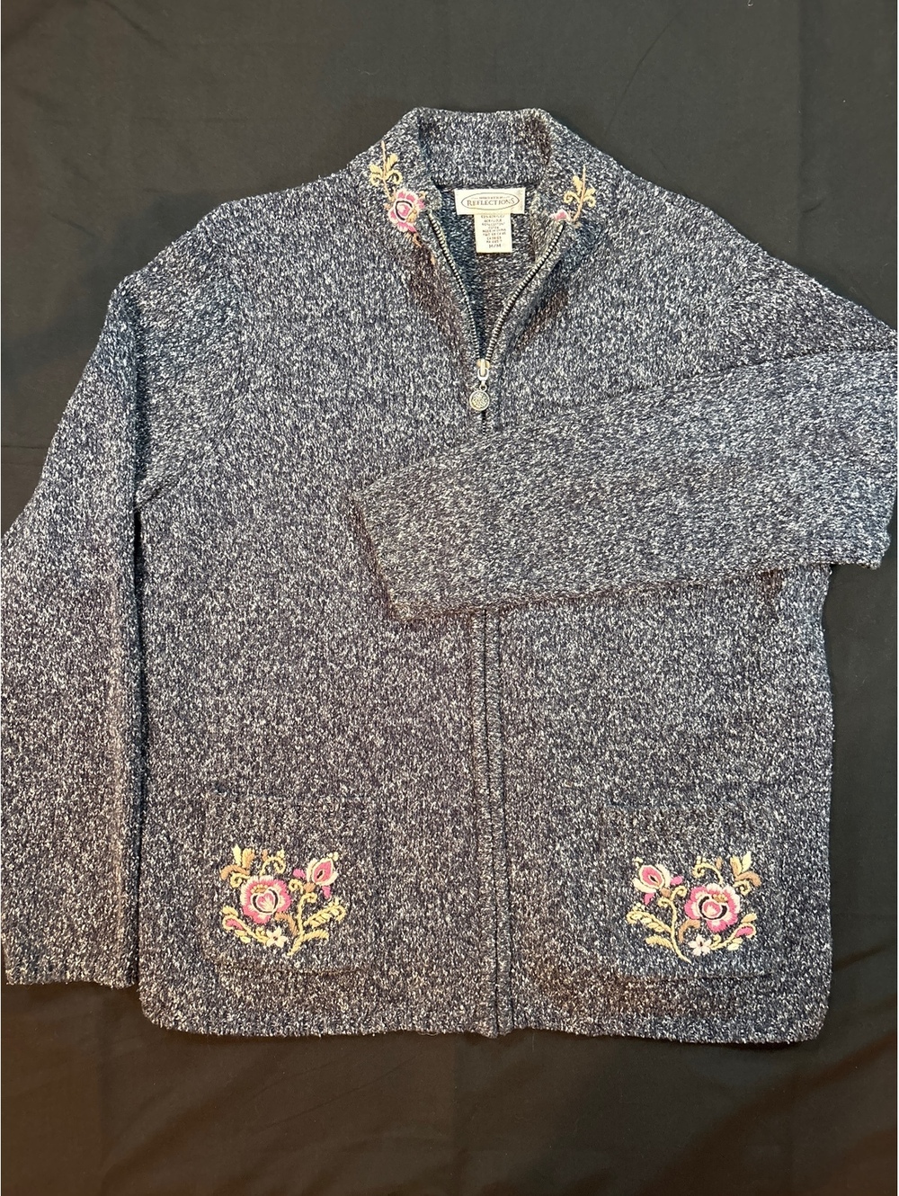 Northern Reflections Floral Embroidered Knit Cardigan Sweater Medium Full Zip
